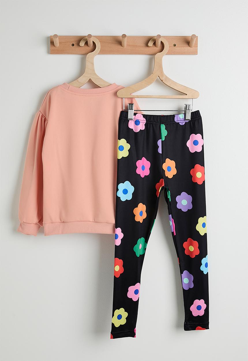 Pop Candy - Floral applique sweat top & aop leggings - pink/black