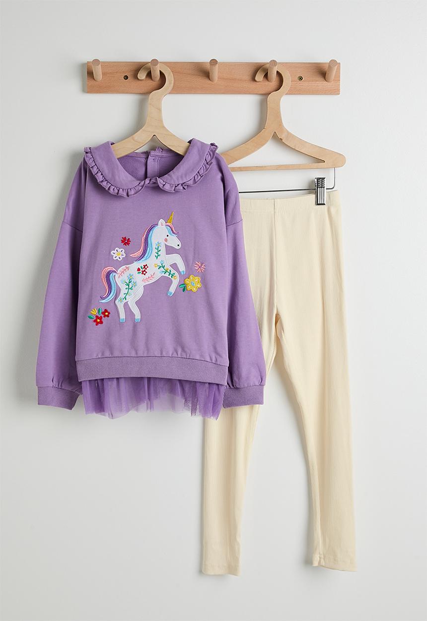 Pop Candy - Unicorn embroidered tulle hem sweatshirt & leggings - purple/cream