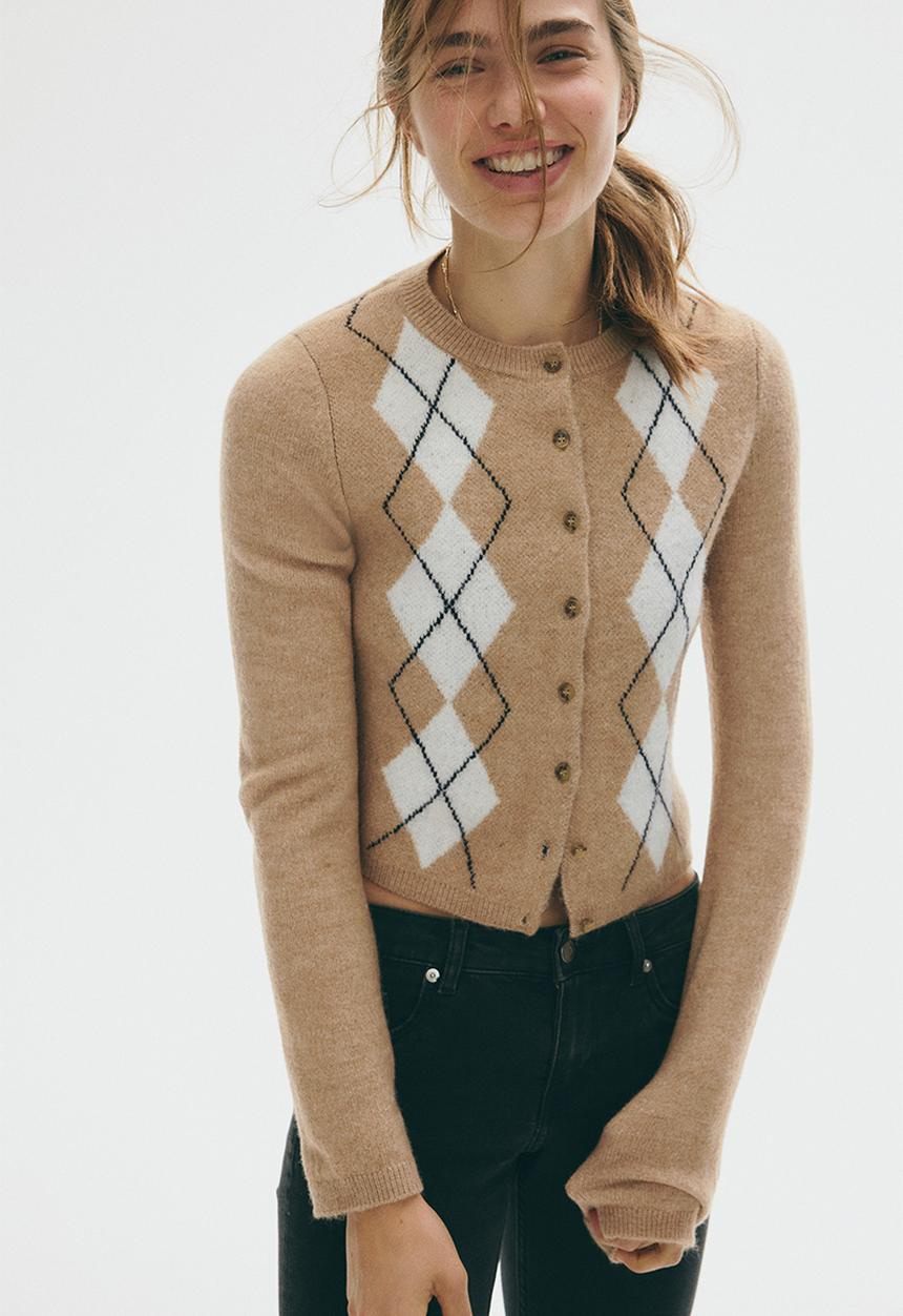 Jacquard-knit cardigan - dark beige/argyle pattern - 1296842001