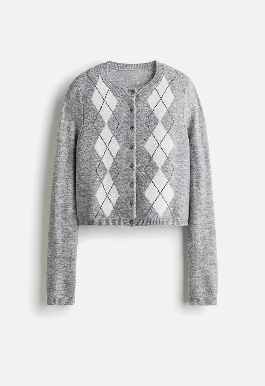 H&M - Jacquard-knit cardigan - grey marl argyle pattern