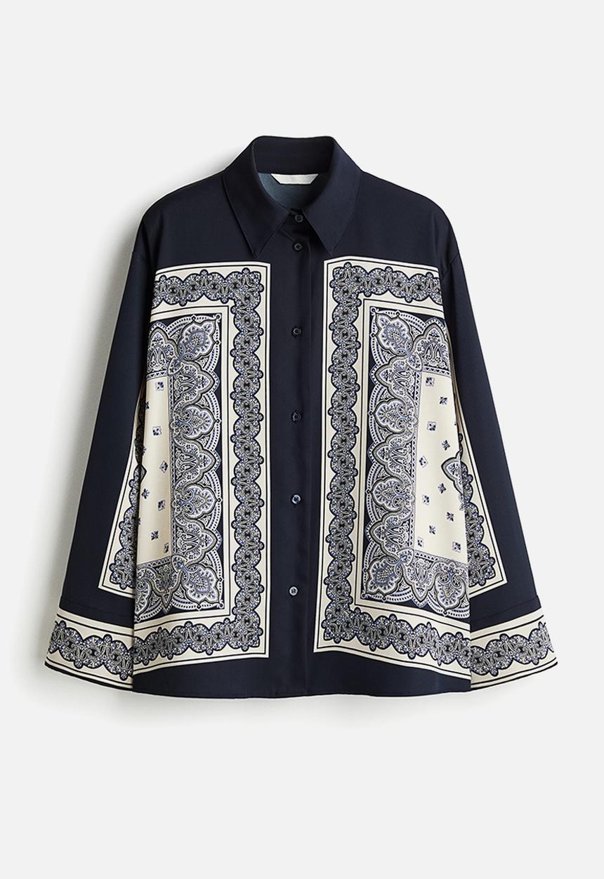 H&M - Oversized twill shirt - navy blue patterned