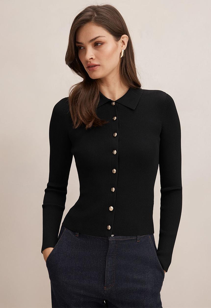 Forever New - Selina ribbed knit polo top in black