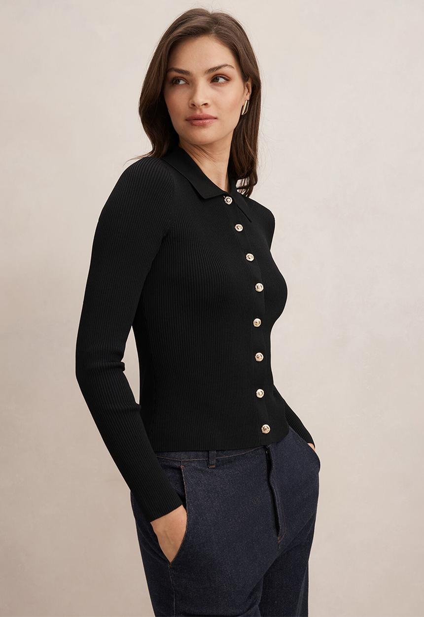 Selina ribbed knit polo top in black
