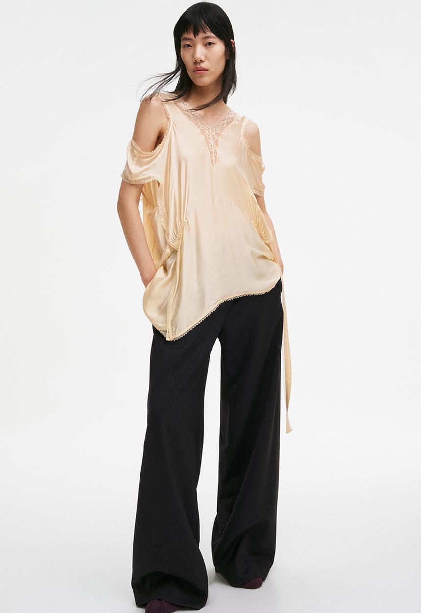H&M - Lace-trimmed satin top - light beige