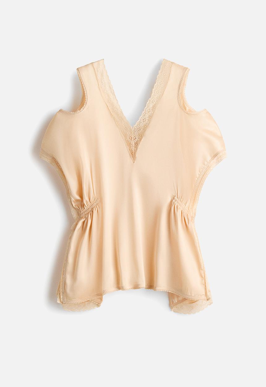 H&M - Lace-trimmed satin top - light beige