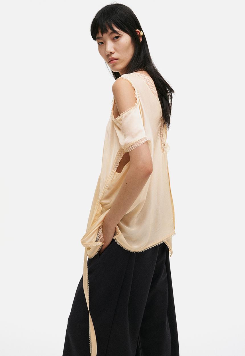 H&M - Lace-trimmed satin top - light beige