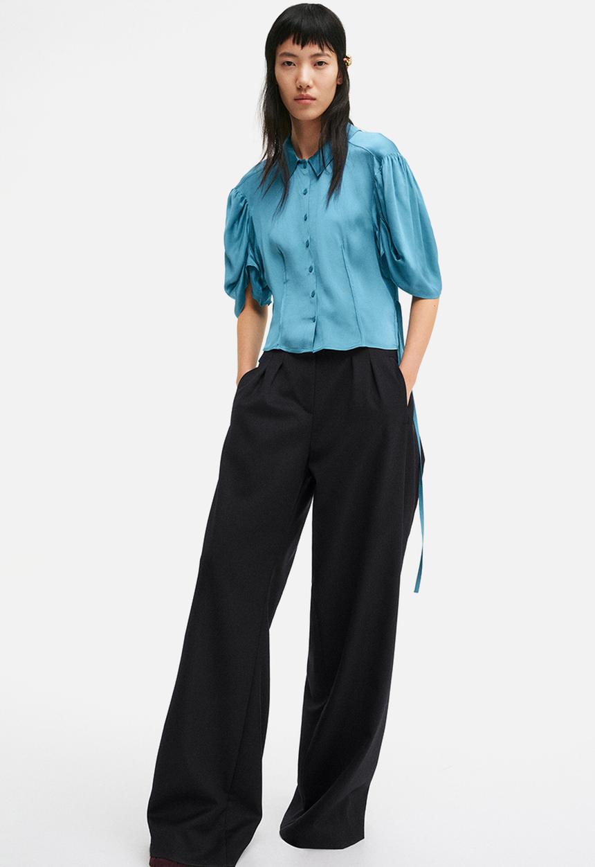H&M - Puff-sleeved satin blouse - turquoise