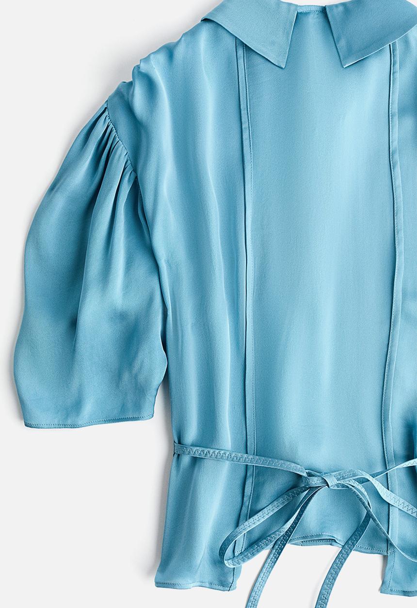 H&M - Puff-sleeved satin blouse - turquoise