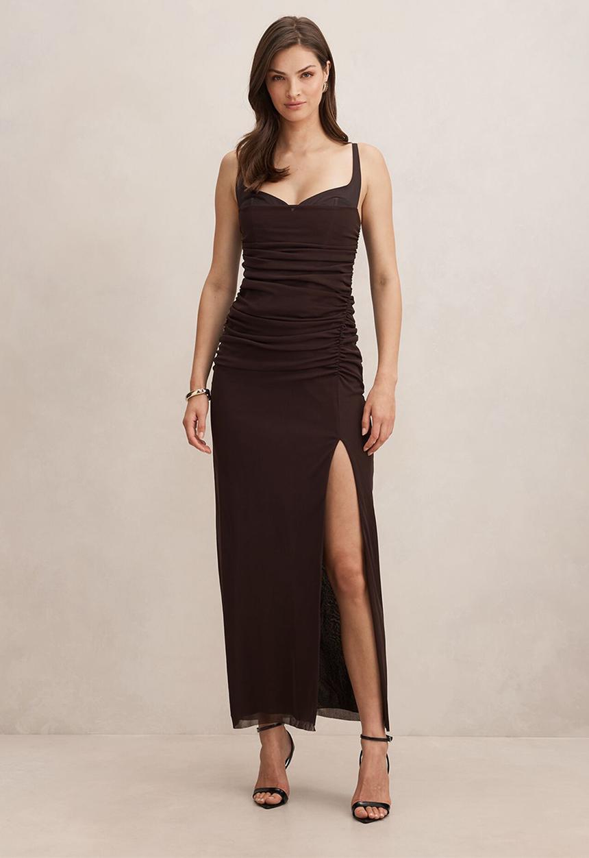 Forever New - Evie ruched mesh bodycon dress in dark chocolate