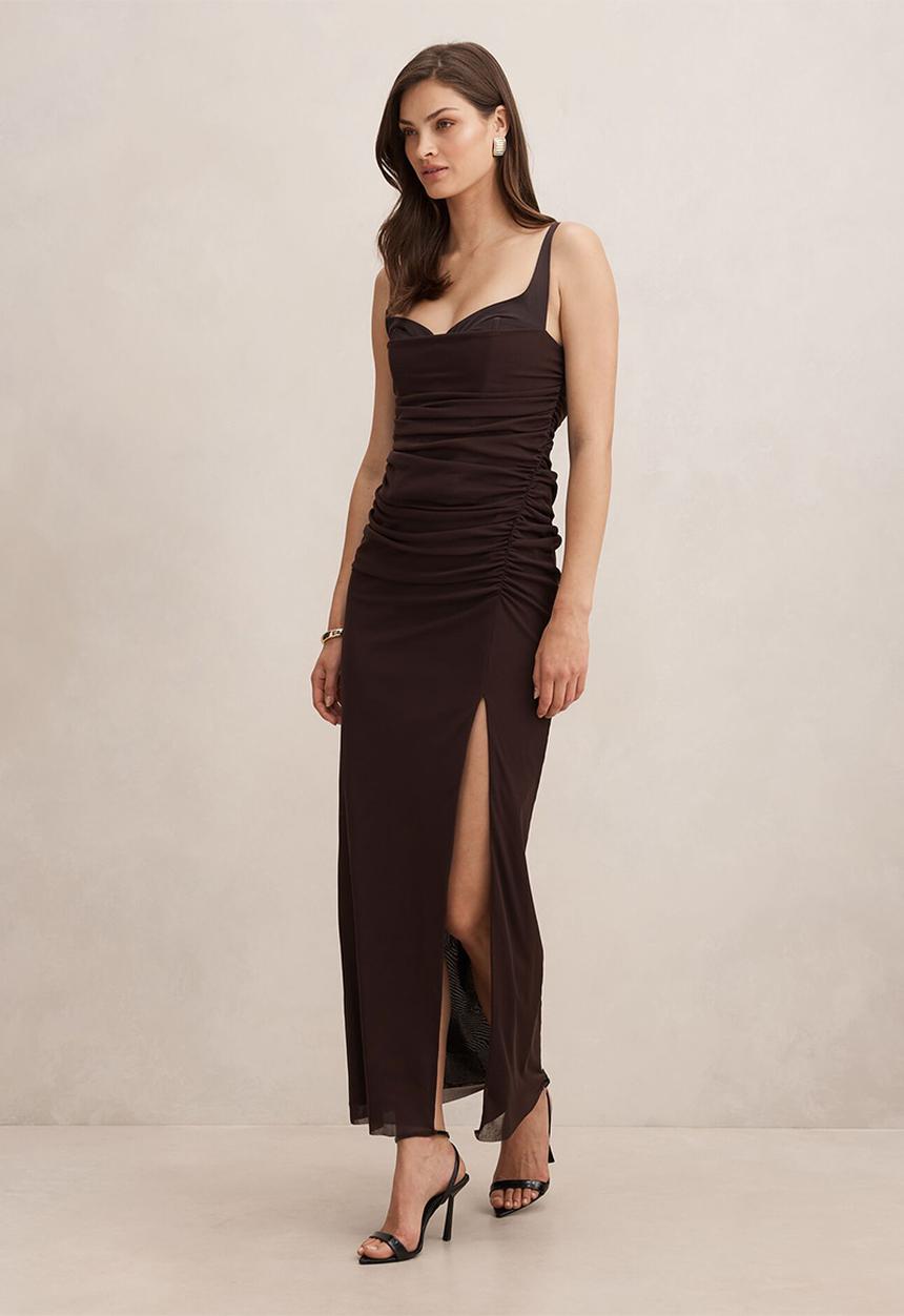Forever New - Evie ruched mesh bodycon dress in dark chocolate