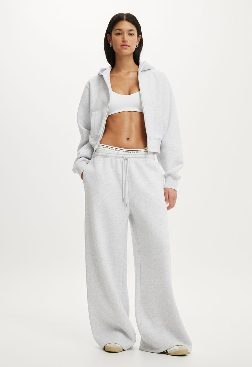 Cotton On - Plush Tie Waist Wide Leg Sweatpant - Cloudy Grey Marle
