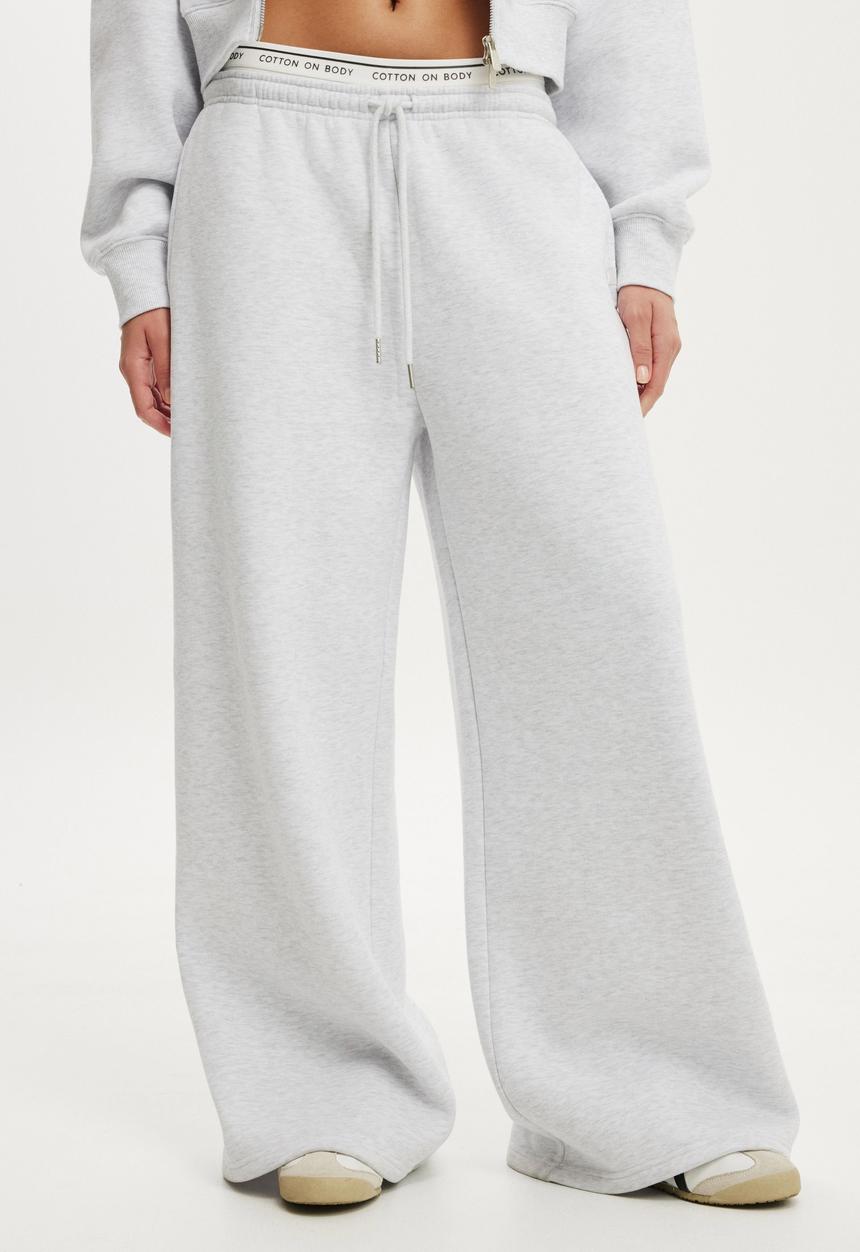 Cotton On - Plush Tie Waist Wide Leg Sweatpant - Cloudy Grey Marle