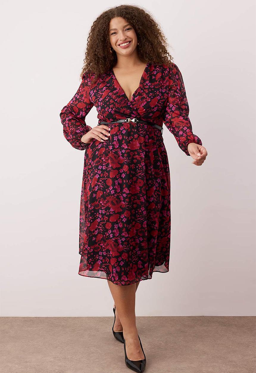 Trendyol - New Year Floral Belted A-Line Midi Double-Breasted Neck Patterned Chiffon Woven Dress - Burgundy