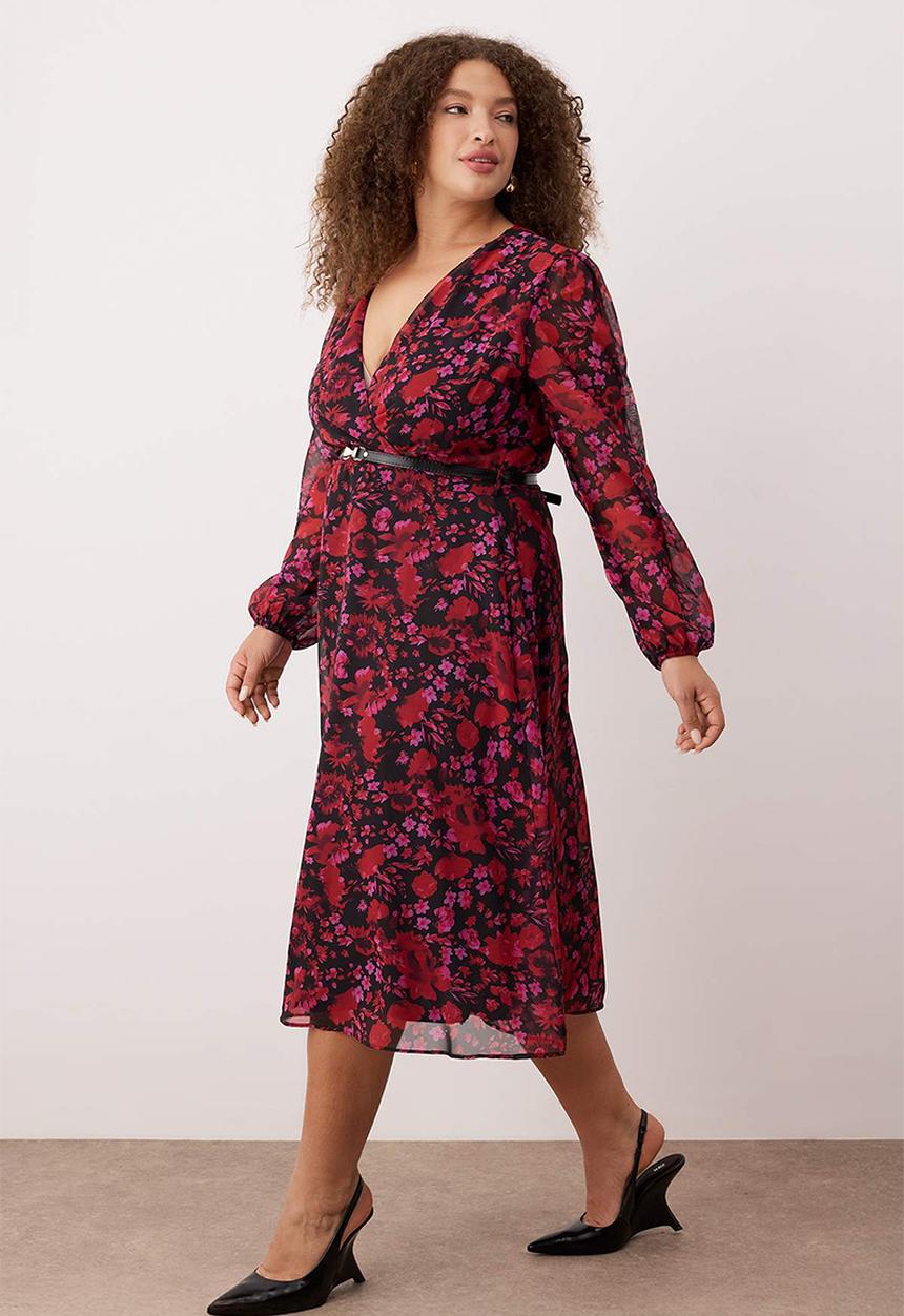 Trendyol - New Year Floral Belted A-Line Midi Double-Breasted Neck Patterned Chiffon Woven Dress - Burgundy