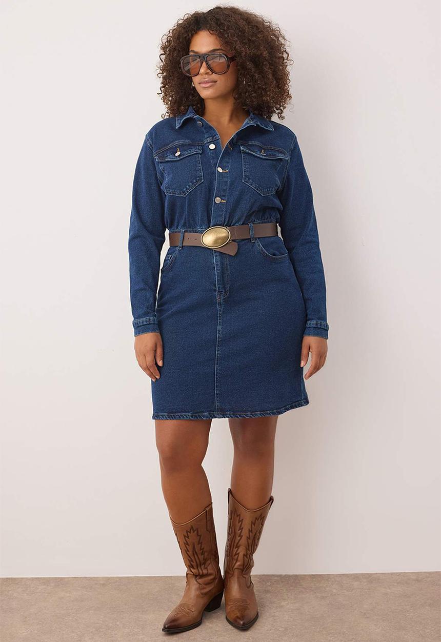 Trendyol - Plus Shirt Collar Medium Stretch Denim Dress - Blue