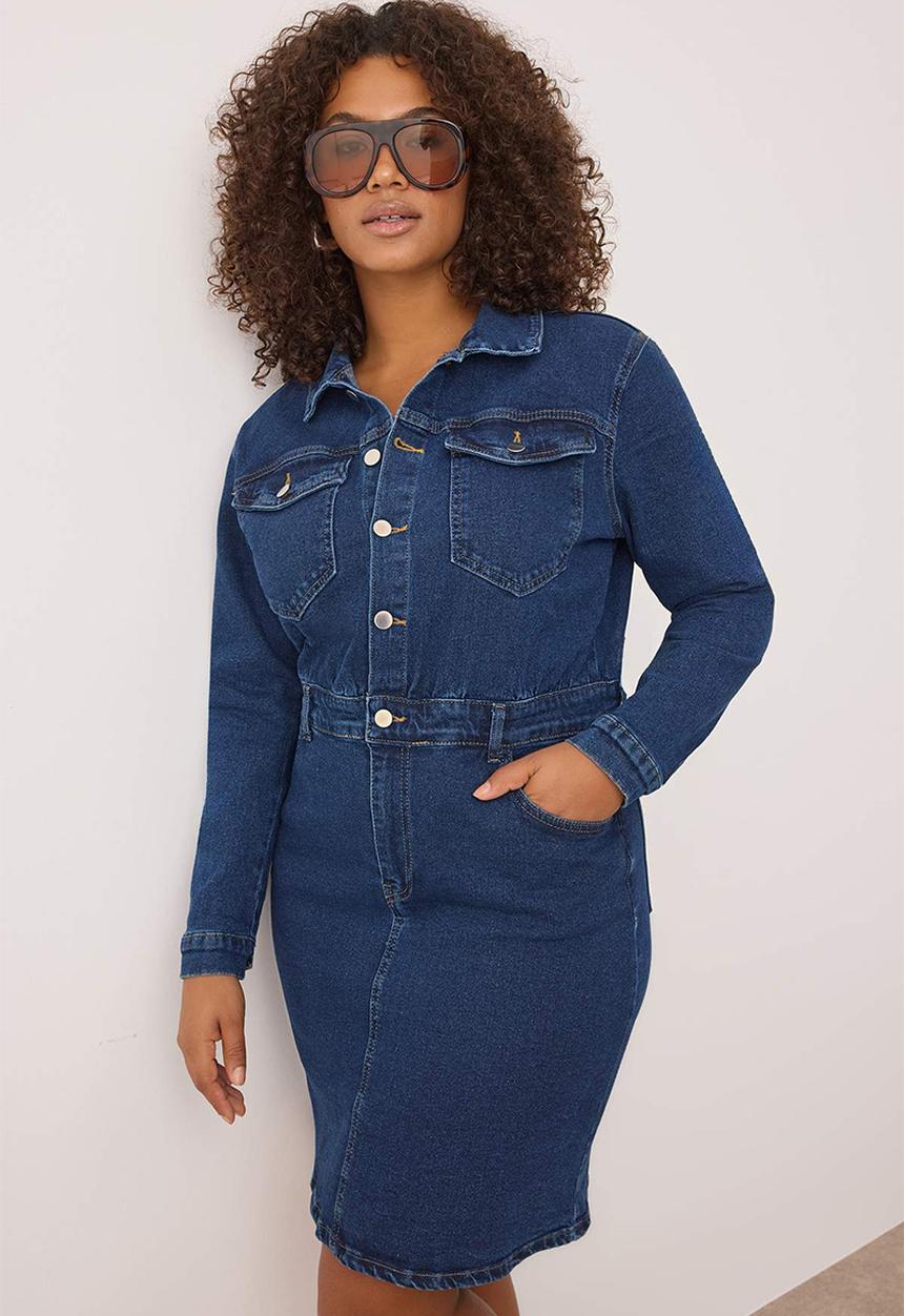 Trendyol - Plus Shirt Collar Medium Stretch Denim Dress - Blue