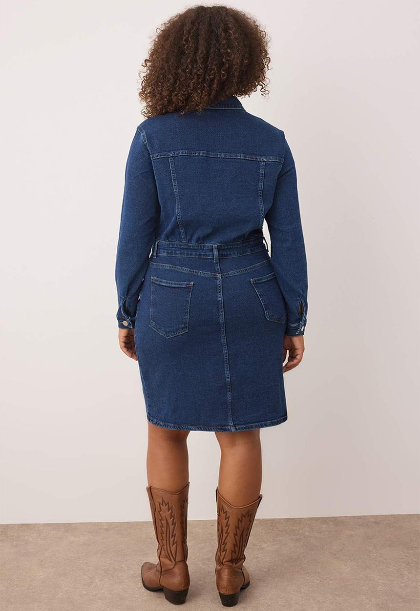 Trendyol - Plus Shirt Collar Medium Stretch Denim Dress - Blue