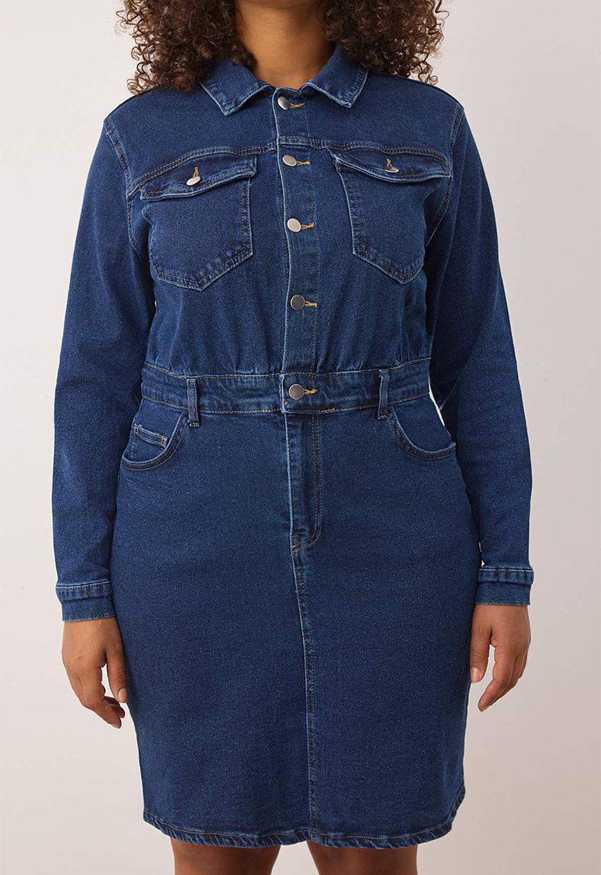 Trendyol - Plus Shirt Collar Medium Stretch Denim Dress - Blue