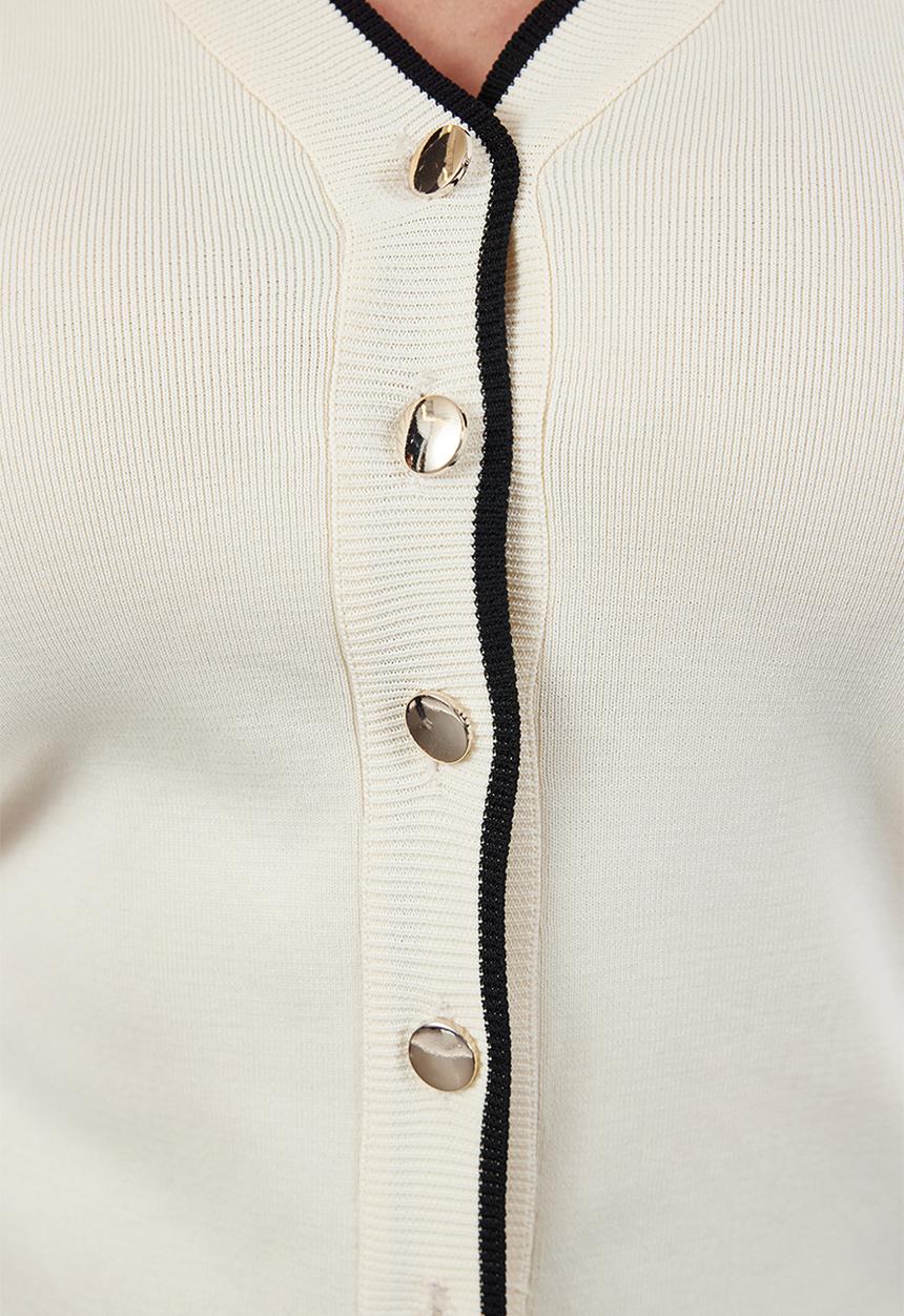 Trendyol - Plus Gold Button Detailed Striped Knitwear Cardigan - Cream