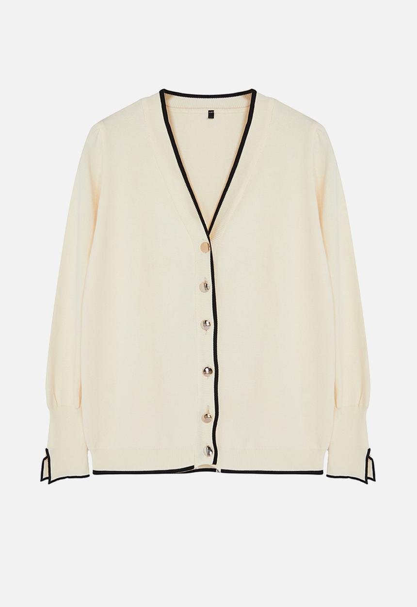 Trendyol - Plus Gold Button Detailed Striped Knitwear Cardigan - Cream
