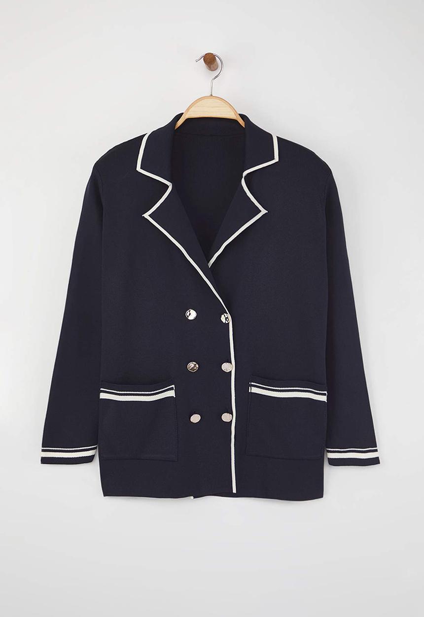 Trendyol - Jacket Collar Line Detailed Knitwear Jacket Look Cardigan - Navy Blue