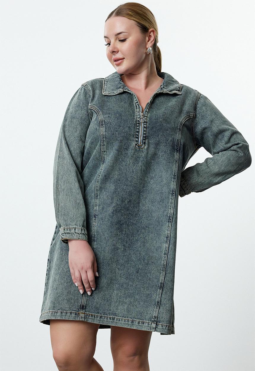 Trendyol - Shirt Collar Cotton Denim Plus Size Dress - Blue