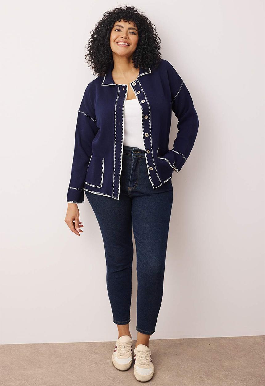 Trendyol - Plus Polo Collar Embroidered Knitwear Cardigan - Navy Blue