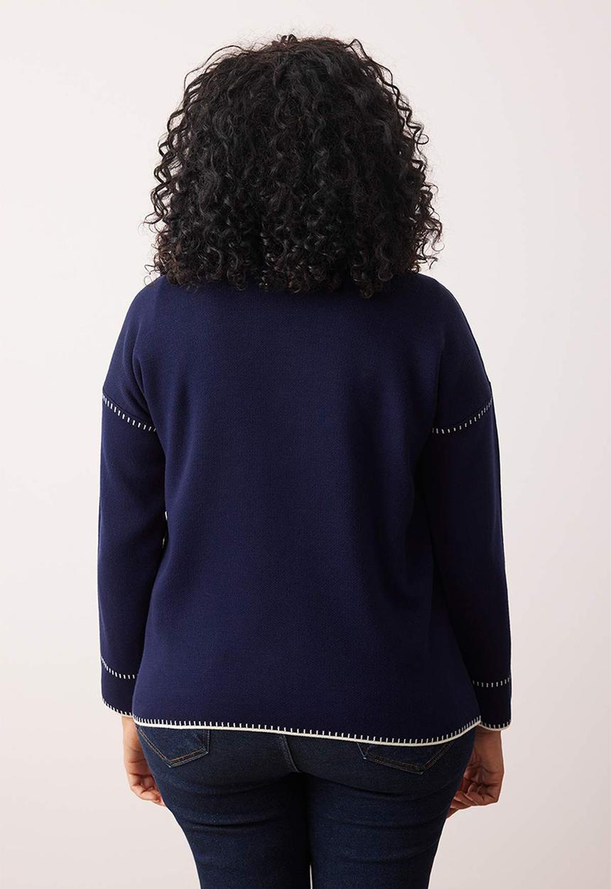 Trendyol - Plus Polo Collar Embroidered Knitwear Cardigan - Navy Blue