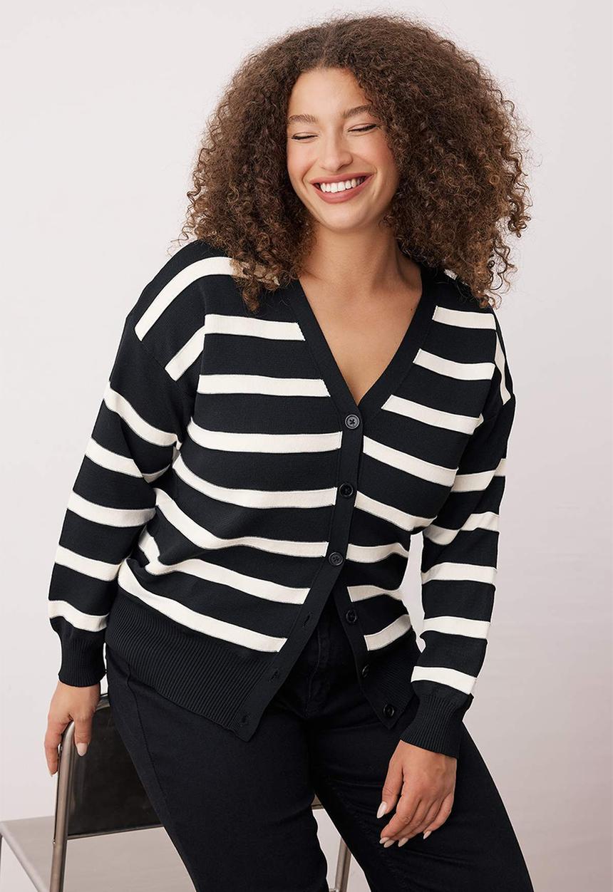 ARTS&SCIENCE Square cardigan middle カシミヤ Plus Striped V-Neck Knitwear Cardigan - Black & White