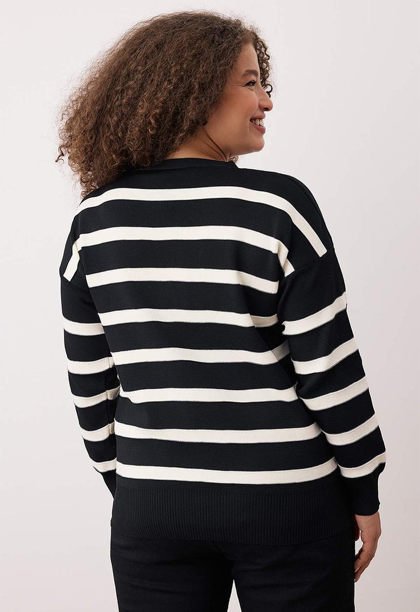 Trendyol - Plus Striped V-Neck Knitwear Cardigan - Black & White