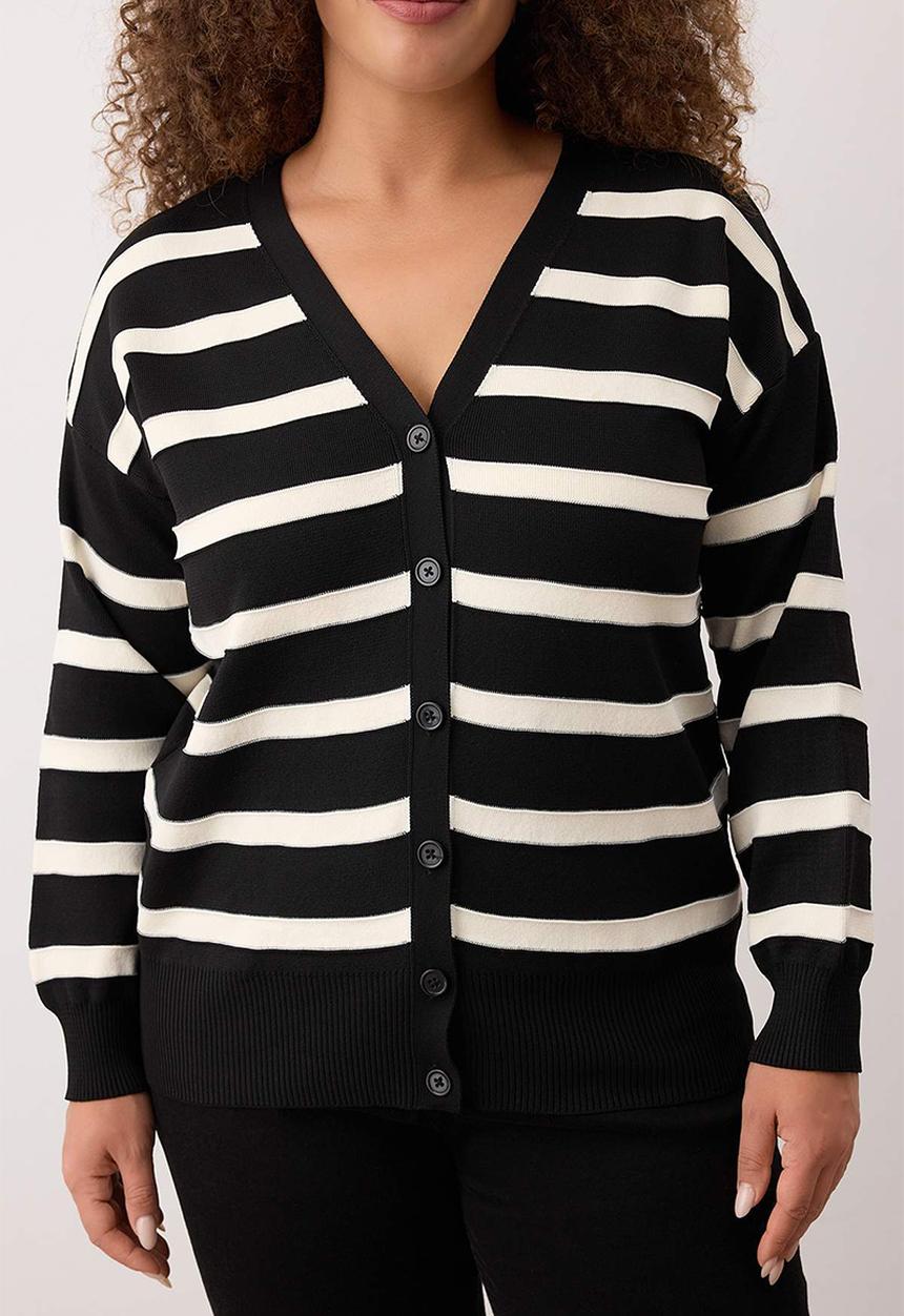 Trendyol - Plus Striped V-Neck Knitwear Cardigan - Black & White