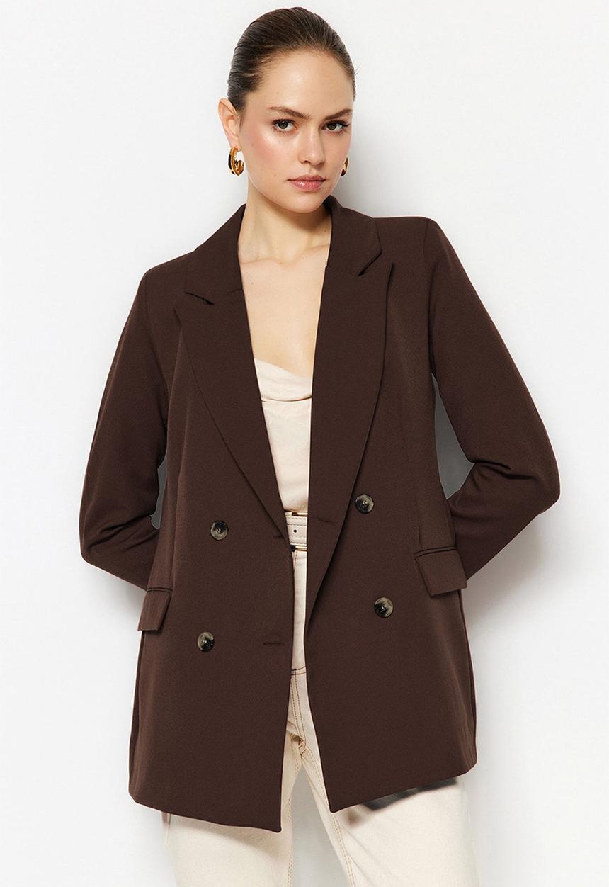 Trendyol - Lined Double Breasted Closure Woven Blazer Jacket - Dark Brown