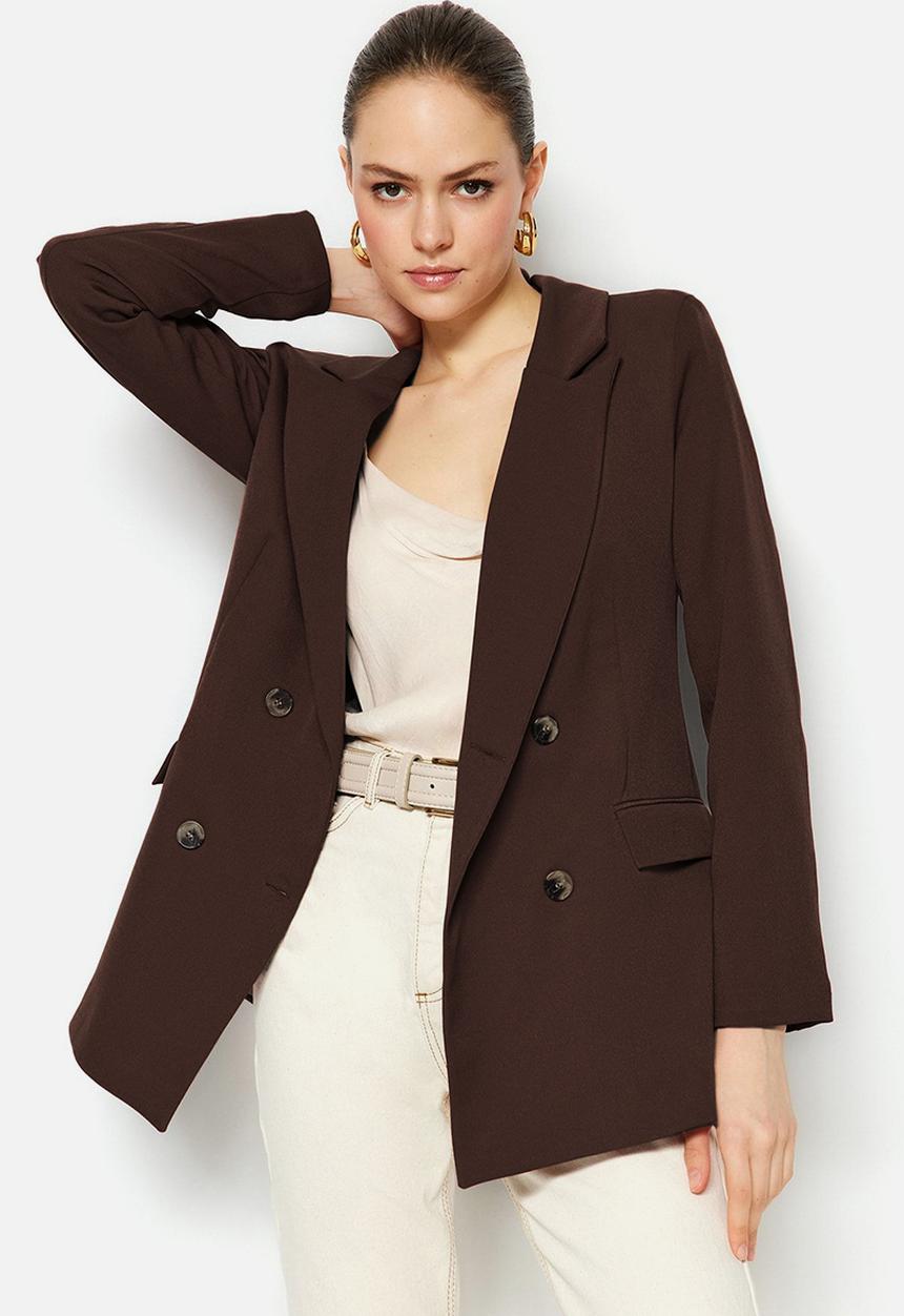 Trendyol - Lined Double Breasted Closure Woven Blazer Jacket - Dark Brown