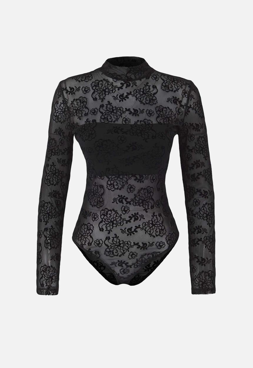Trendyol - Lined Floral Patterned Stand Collar Knitted Tulle Body - Black