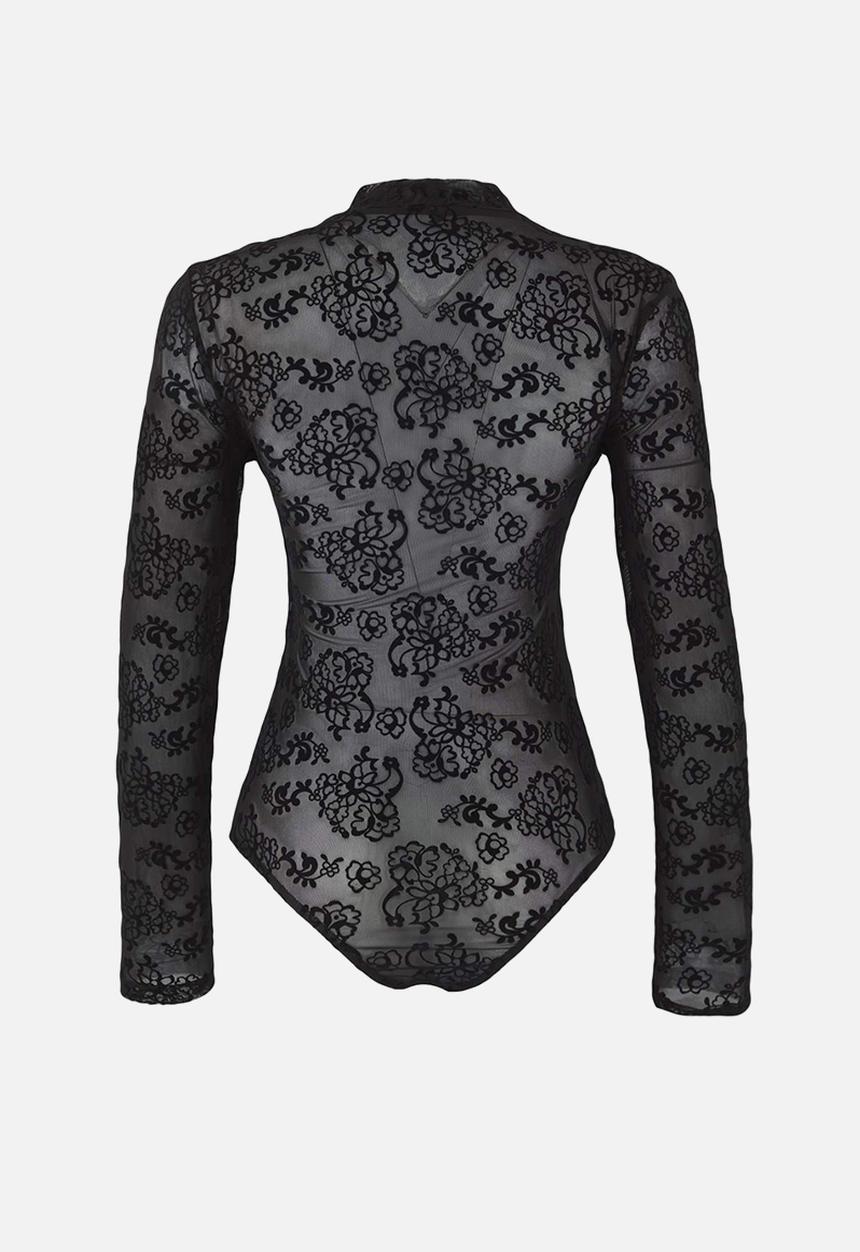 Trendyol - Lined Floral Patterned Stand Collar Knitted Tulle Body - Black