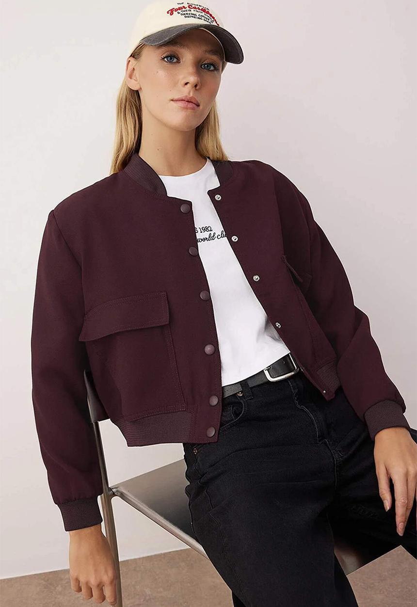 Trendyol - Premium Bomber Crop Woven Jacket - Burgundy