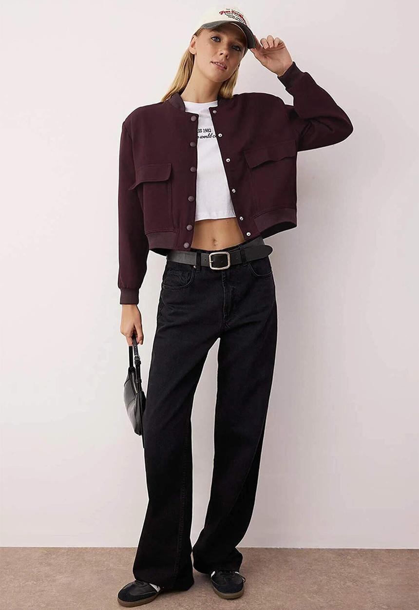 Trendyol - Premium Bomber Crop Woven Jacket - Burgundy
