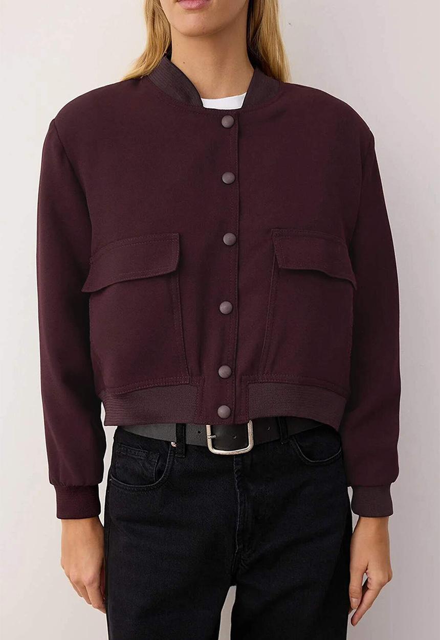 Trendyol - Premium Bomber Crop Woven Jacket - Burgundy