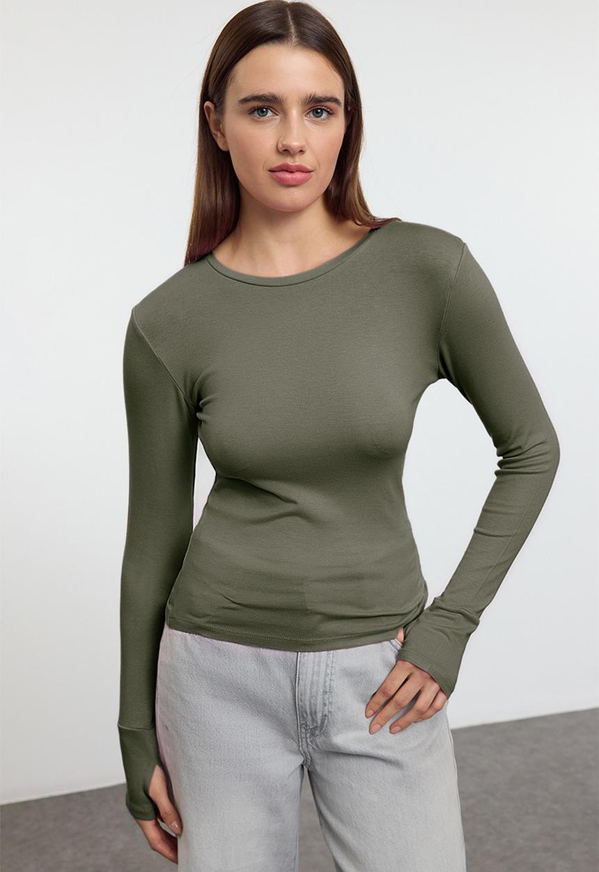 Trendyol - Viscose/Soft Fabric Stretch Knitted Blouse with Finger Insert Detail - Khaki