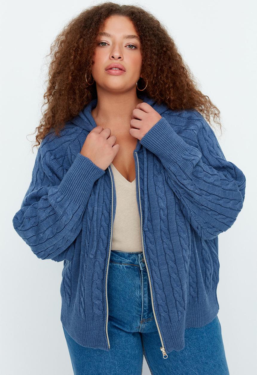 Trendyol - Plus Hooded Zippered Knitwear Cardigan - Indigo