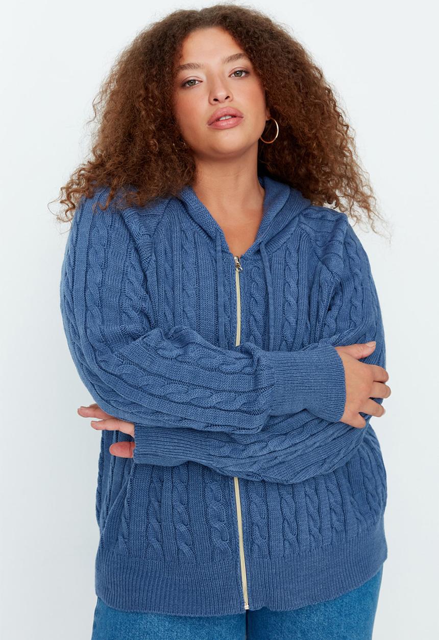 Trendyol - Plus Hooded Zippered Knitwear Cardigan - Indigo