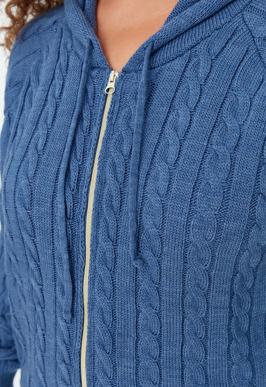 Trendyol - Plus Hooded Zippered Knitwear Cardigan - Indigo