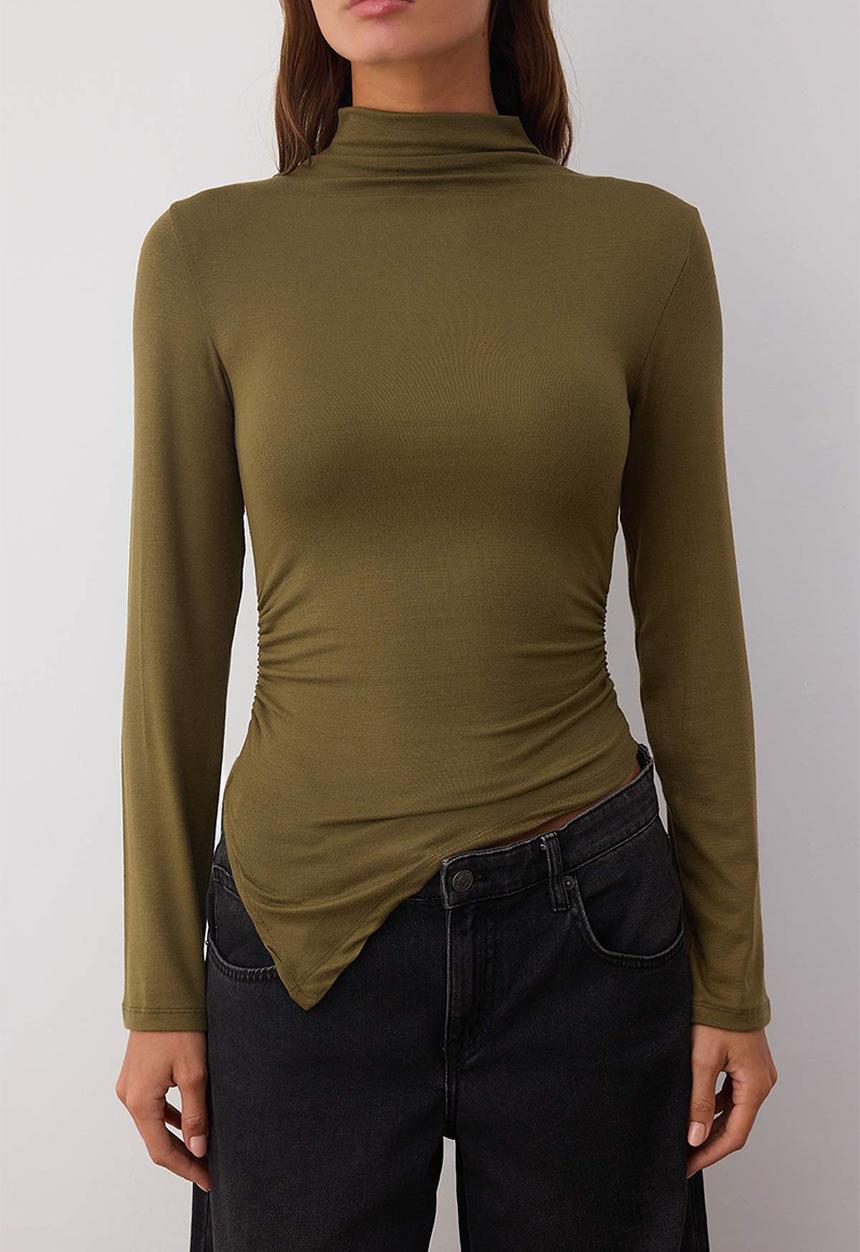 Trendyol - Fitted Gathered/Drape Detail Stand Collar Knitted Blouse - Khaki