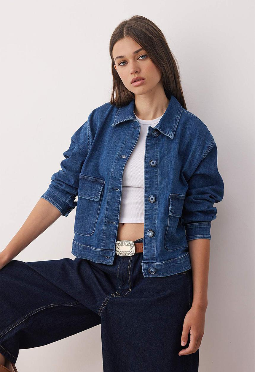 Trendyol - Shirt Collar Pocket Detail Comfort Denim Jacket - Dark Blue