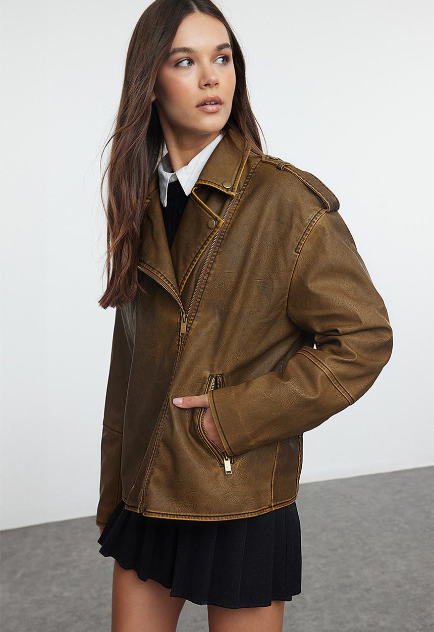 Trendyol - Oversize Mold Wash Effect Faux Leather Biker Slim Jacket Coats - Brown