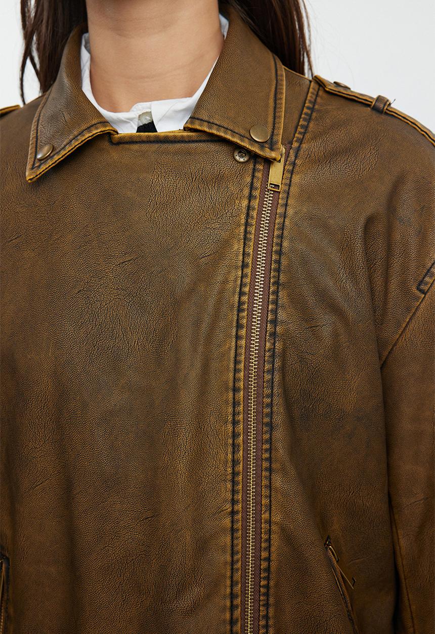 Trendyol - Oversize Mold Wash Effect Faux Leather Biker Slim Jacket Coats - Brown