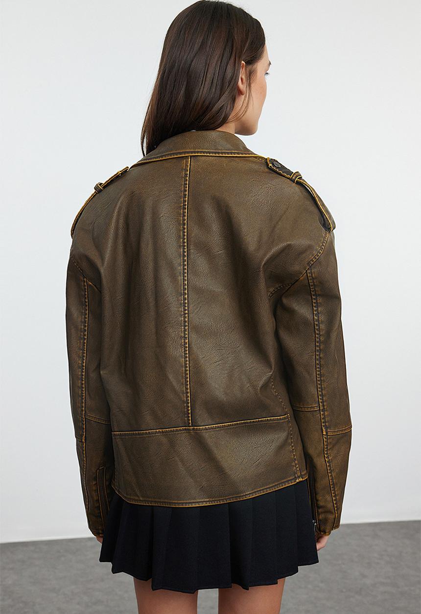Trendyol - Oversize Mold Wash Effect Faux Leather Biker Slim Jacket Coats - Brown