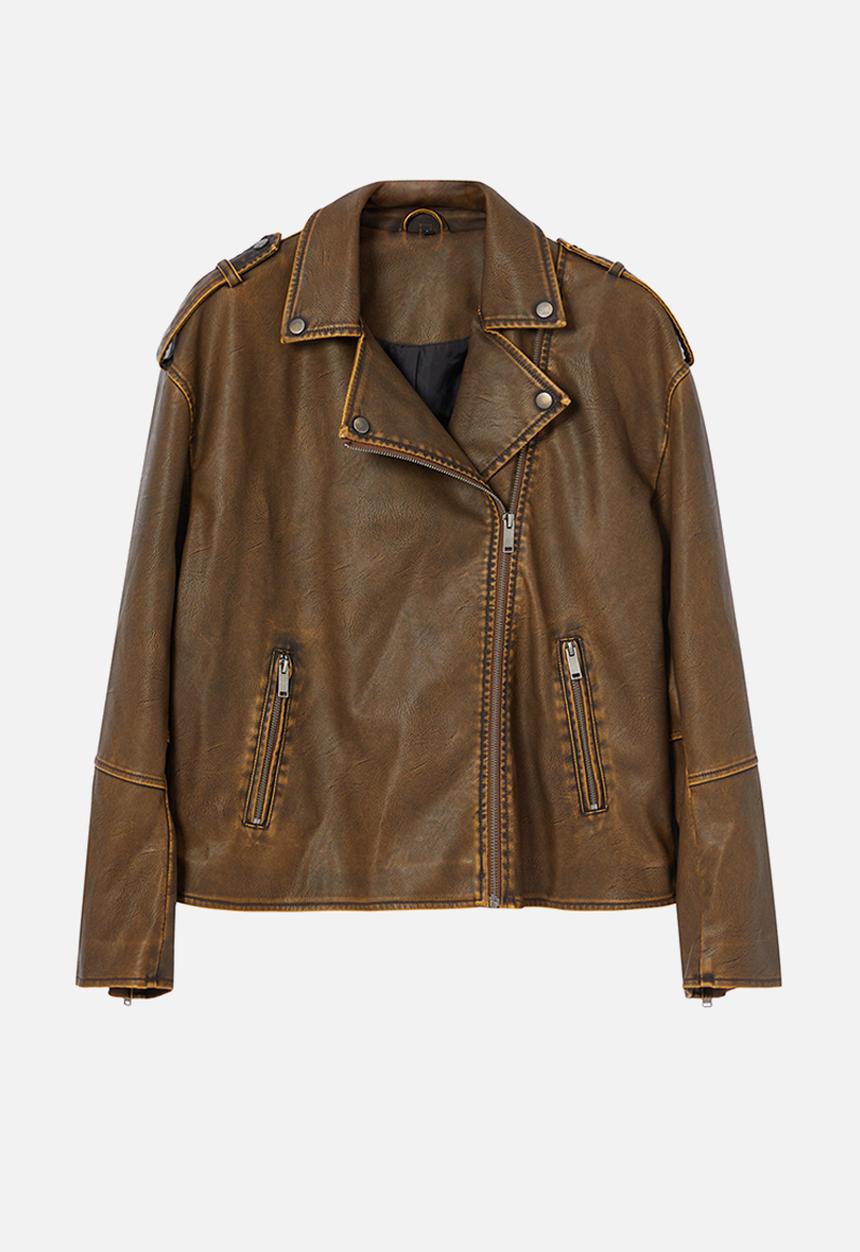 Trendyol - Oversize Mold Wash Effect Faux Leather Biker Slim Jacket Coats - Brown