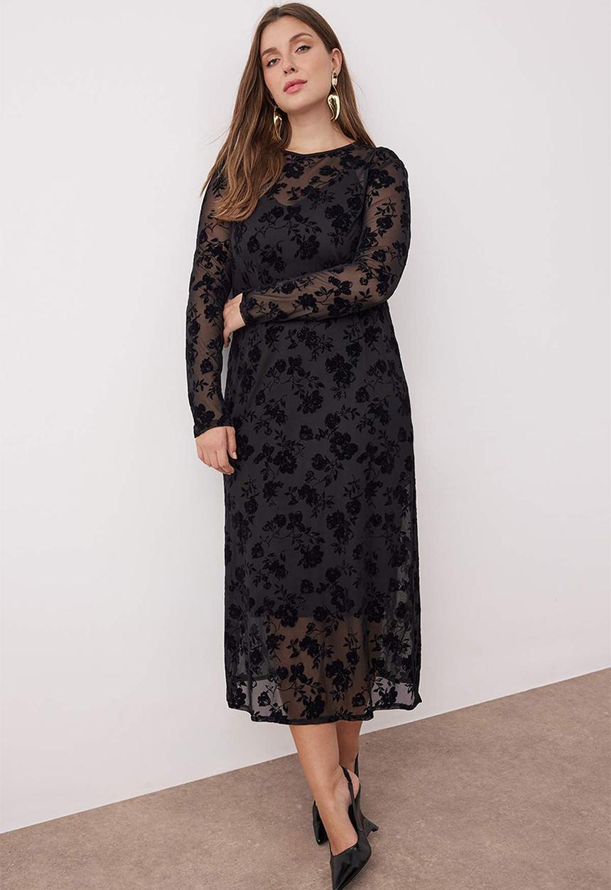 Trendyol - New Year Crew Neck A-Line Floral Pattern Maxi Plus Size Knitted Tulle Dress - Black