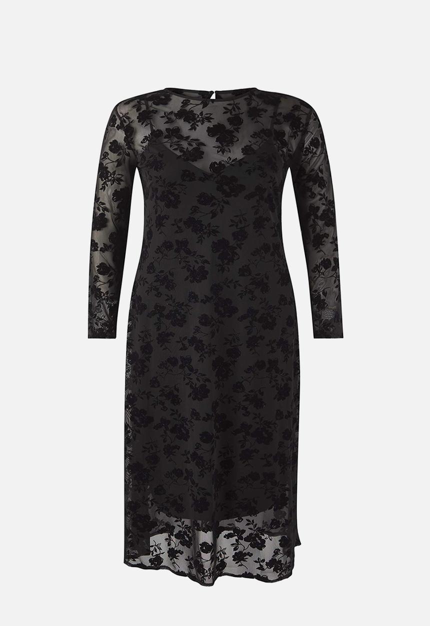 Trendyol - New Year Crew Neck A-Line Floral Pattern Maxi Plus Size Knitted Tulle Dress - Black